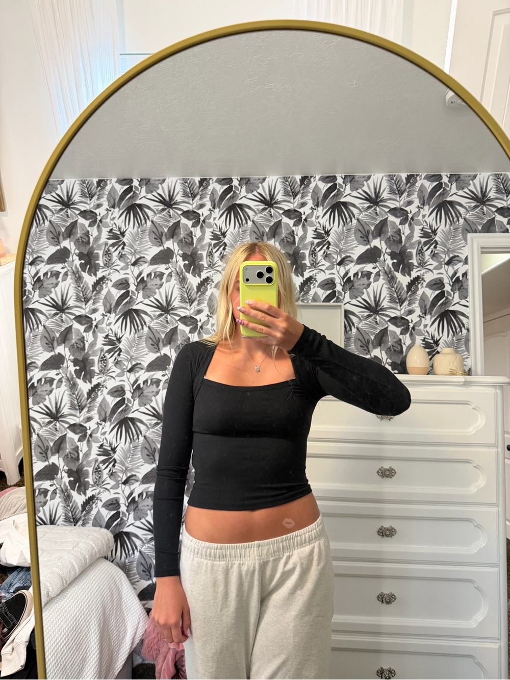 Urban Outfitters Black Square-Neck Long Sleeve Ribbed Top